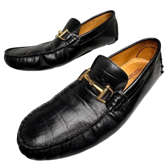 Saks Fifth Avenue Mens Black Croc Embossed Leather Horsebit Loafers Mocs Sz 9.5 - Picture 2 of 16